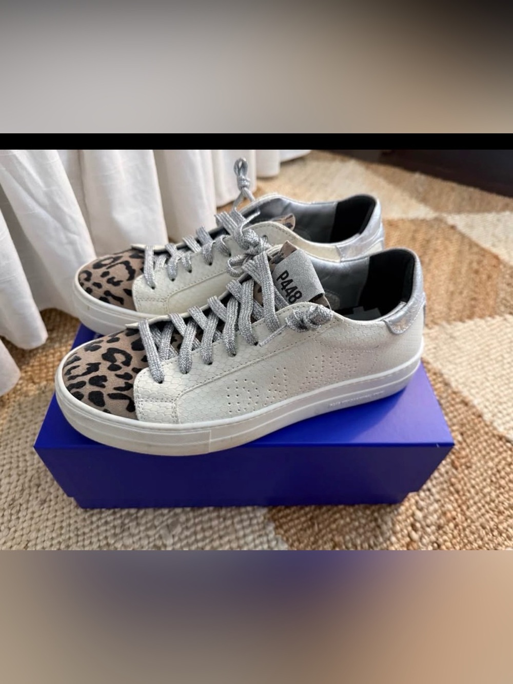 P448 Silver Low-Top Sneakers with Leopard Toe